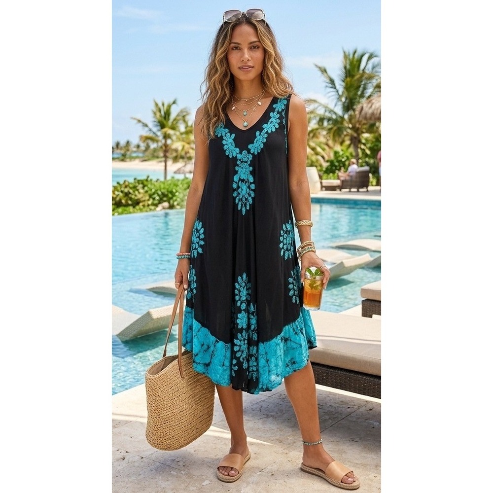 L.S.I. Embroidered Sharkbite Dress Womens One Size Black Turquoise Boho Beachy
